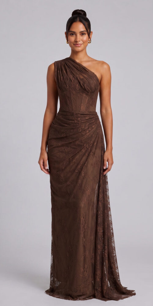 eee693d1db7e5d3c CHOCOLATE BROWN FLORAL LACE COLUMN DRESS