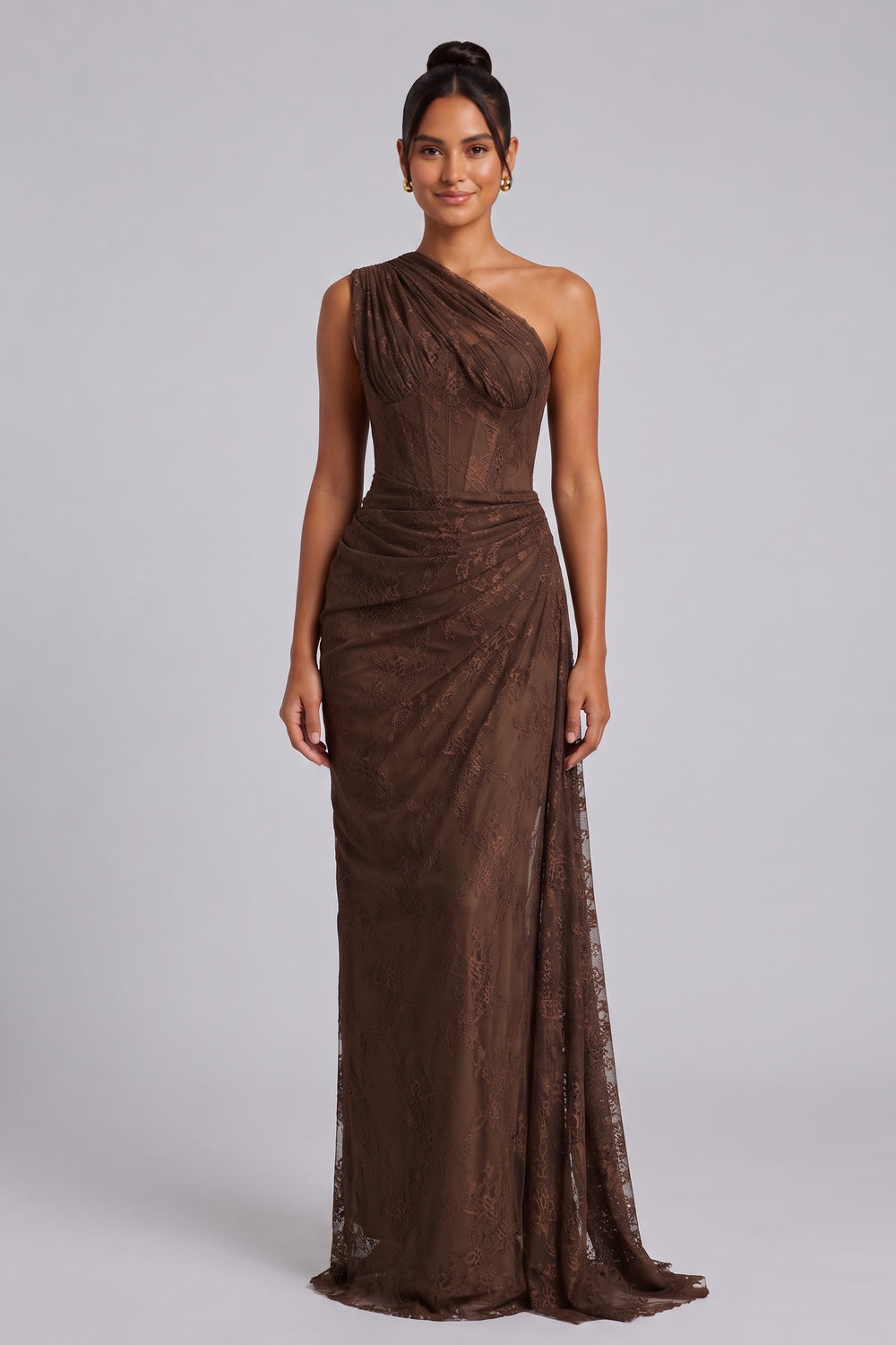 CHOCOLATE BROWN FLORAL LACE COLUMN DRESS