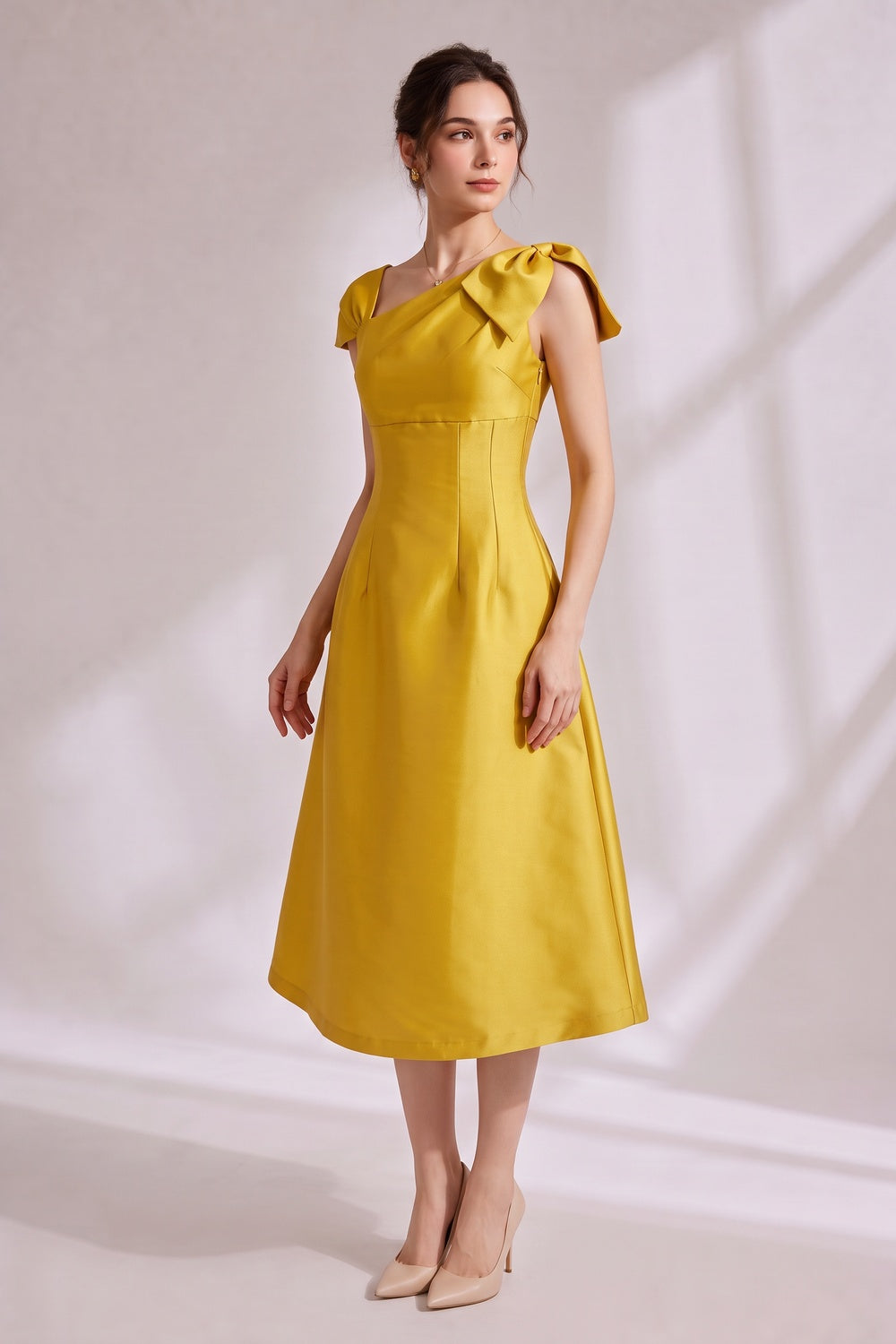 eef5cf5f829c79d3 YELLOW ASYMMETRICAL BOW SATIN MIDI PARTY DRESS