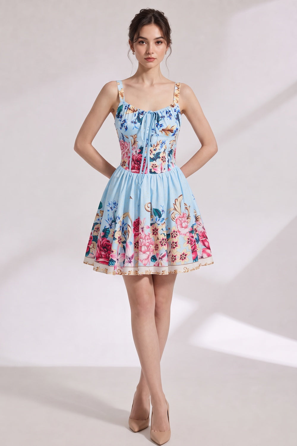 ef08930e7871d234 LIGHT BLUE STRUCTURED FIT & FLARE COTTON DRESS