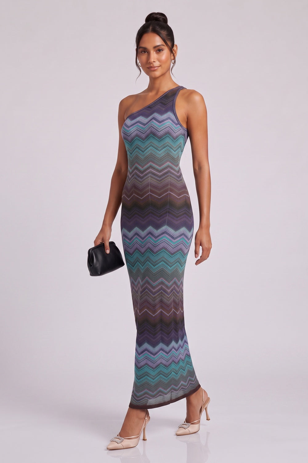 ef1b6dd3af1530db ONE-SHOULDER CHEVRON MAXI DRESS TEAL PURPLE BROWN