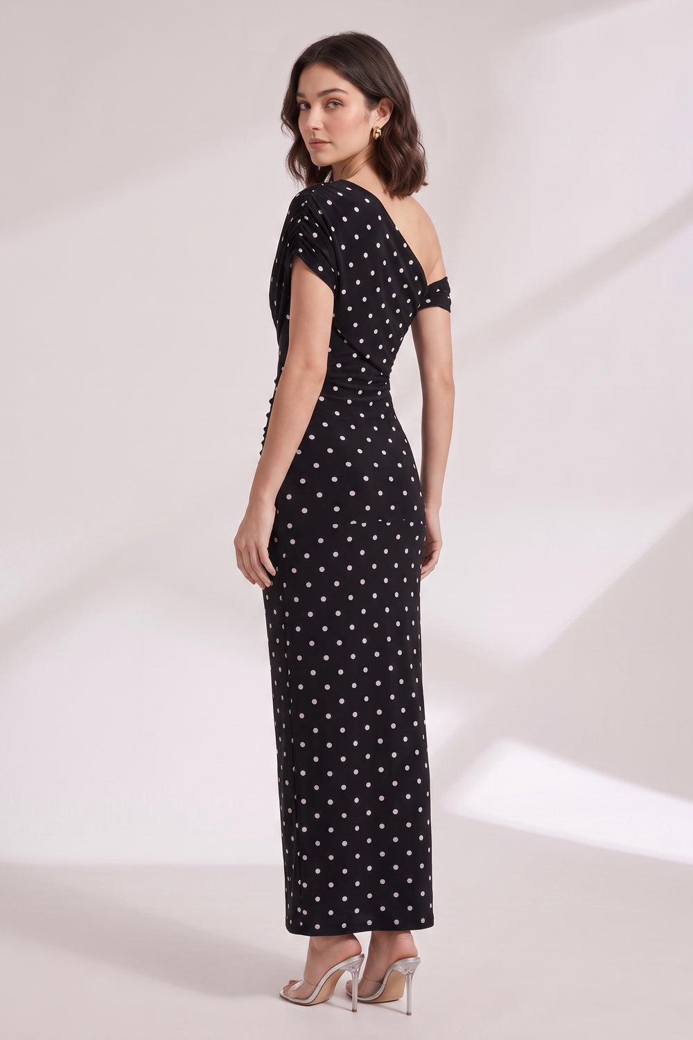 ef29875206387719 BLACK POLKA DOT ONE-SHOULDER MAXI DRESS
