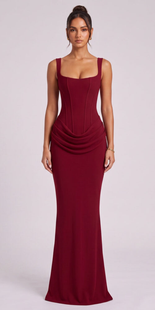 ef44b6acedad5065 BURGUNDY CREPE MERMAID EVENING GOWN