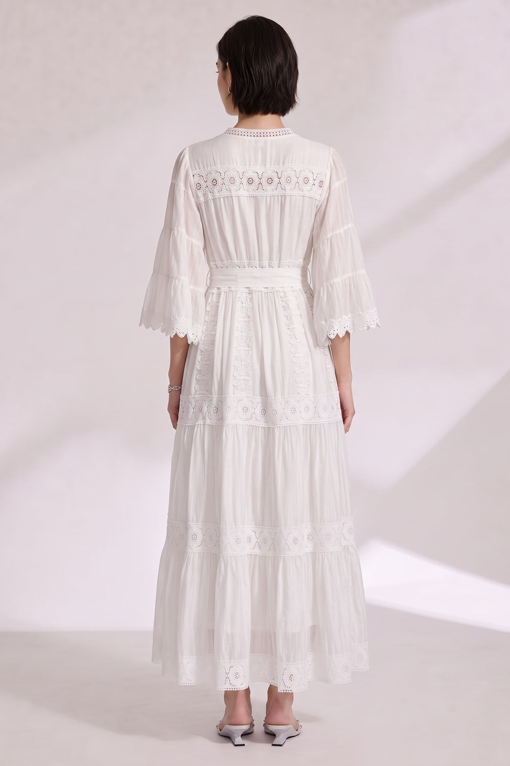ef848304bf3761ef WHITE LACE TIERED A-LINE MAXI DRESS