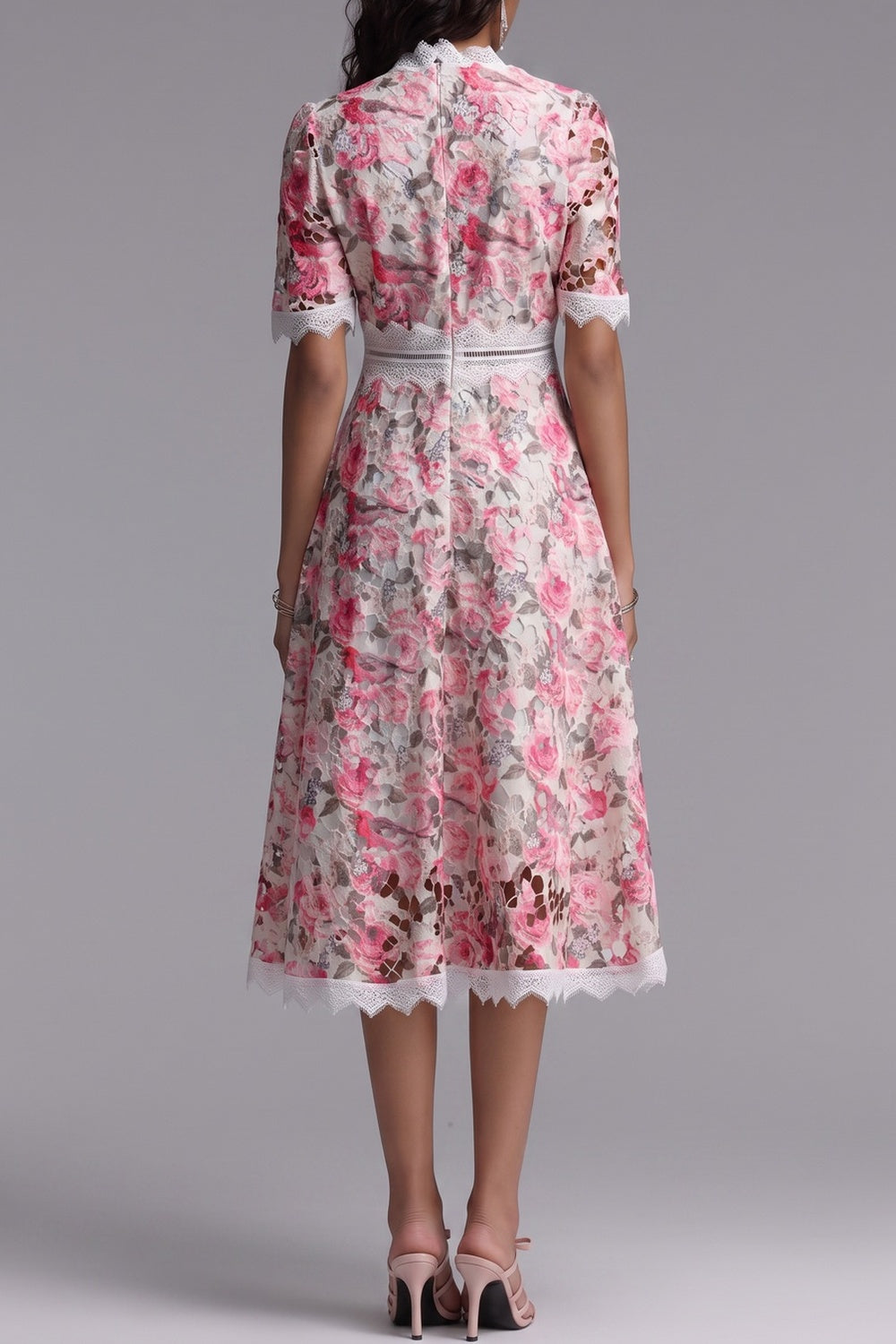 ef93e9e059b9d8f6 PINK LACE MIDI DRESS, FLORAL CUTOUT, WEDDING GUEST