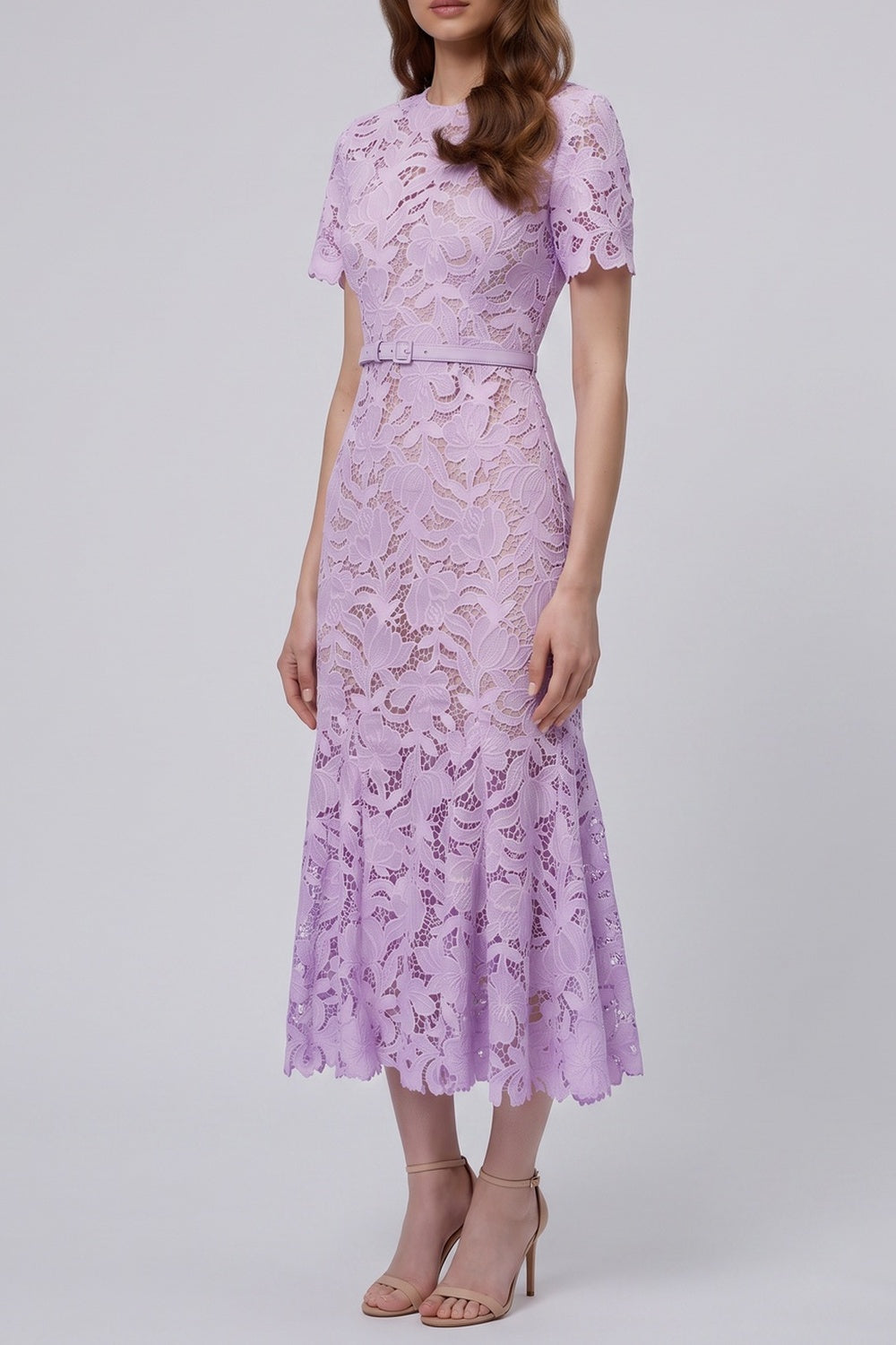 LILAC LACE MIDI DRESS | SHORT SLEEVE FLORAL WEDDING GUEST