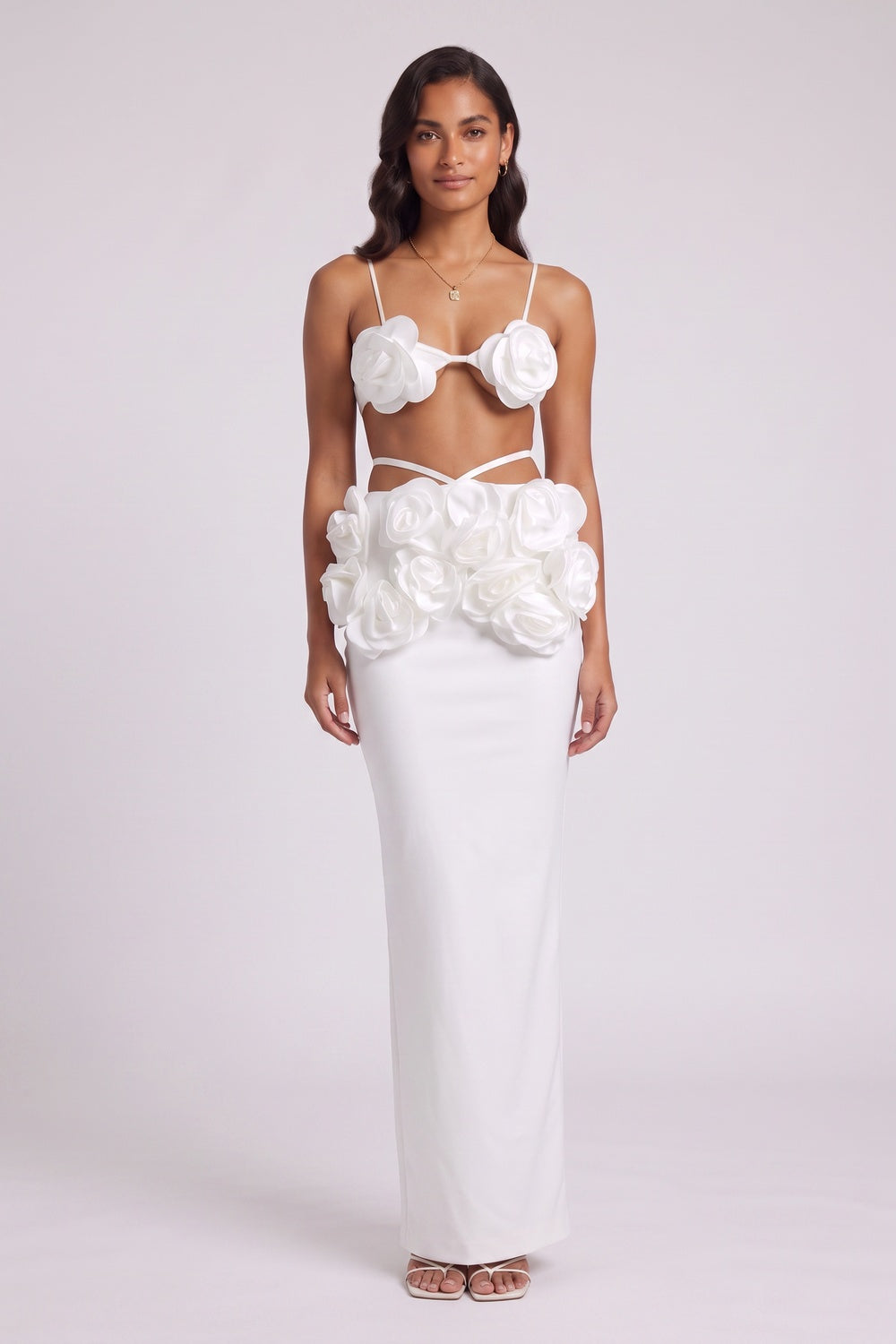 f062378ec0cb26e0 WHITE FITTED COLUMN TWO-PIECE SET | CREPE SATIN BRALETTE MAXI SKIRT