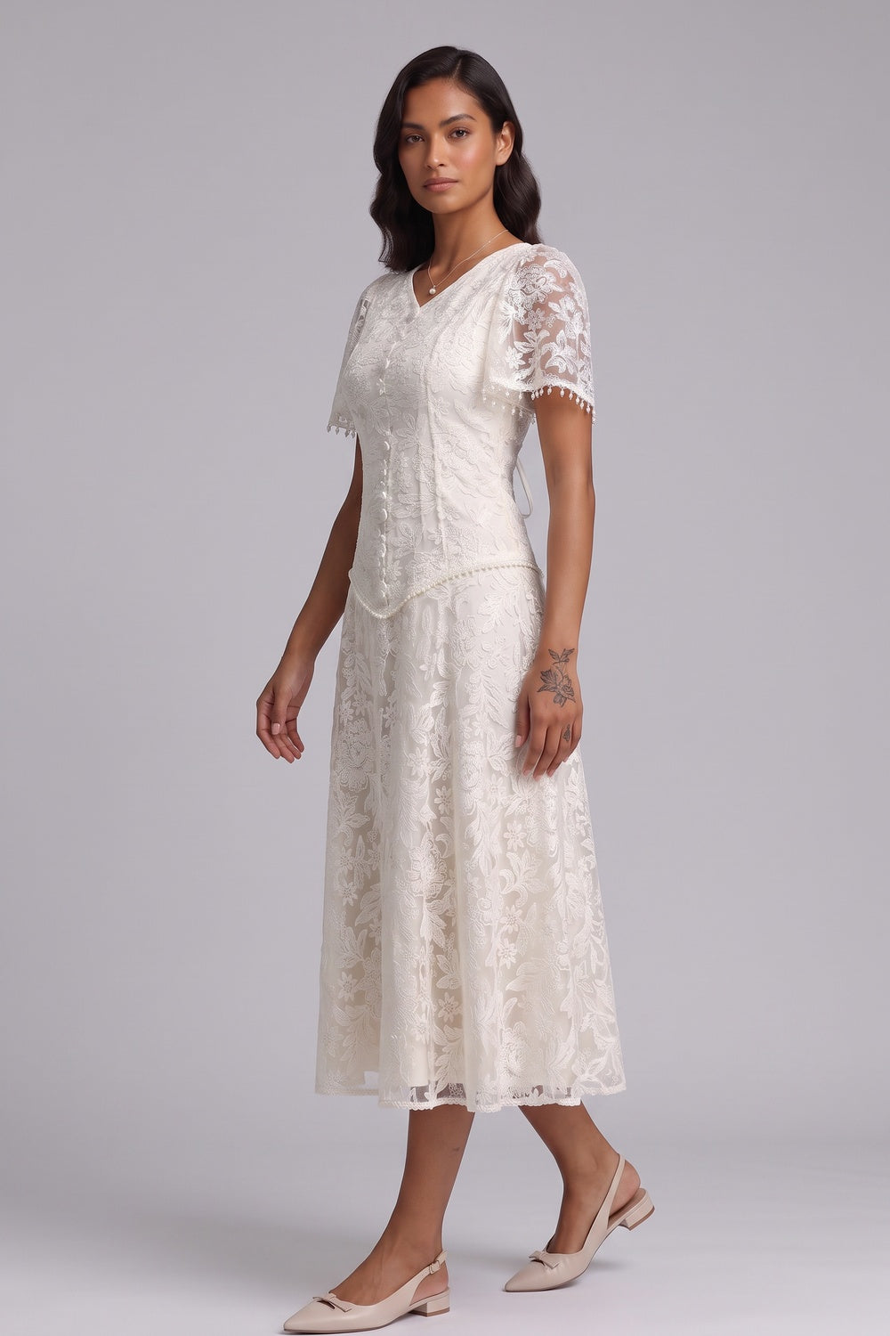 f0992d0cb87e1679 IVORY FLORAL LACE A-LINE WEDDING GUEST DRESS
