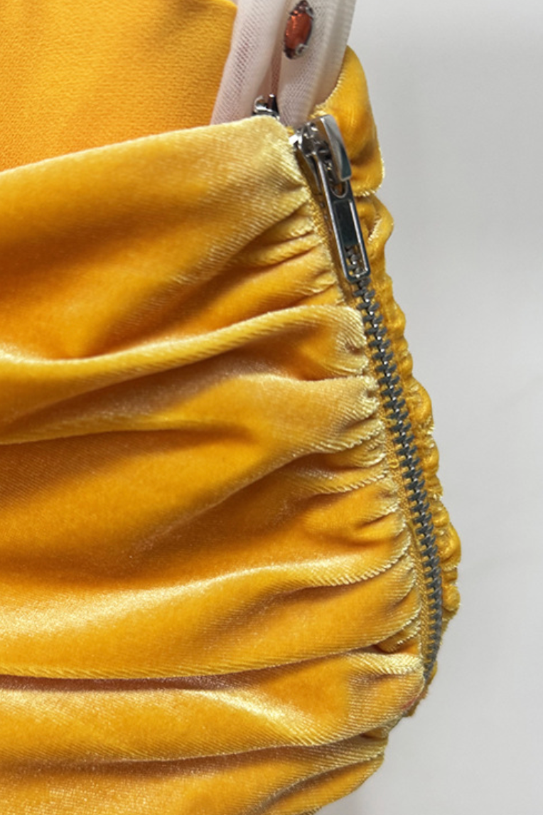 YELLOW VELVET OFF-SHOULDER BEADED GOWN