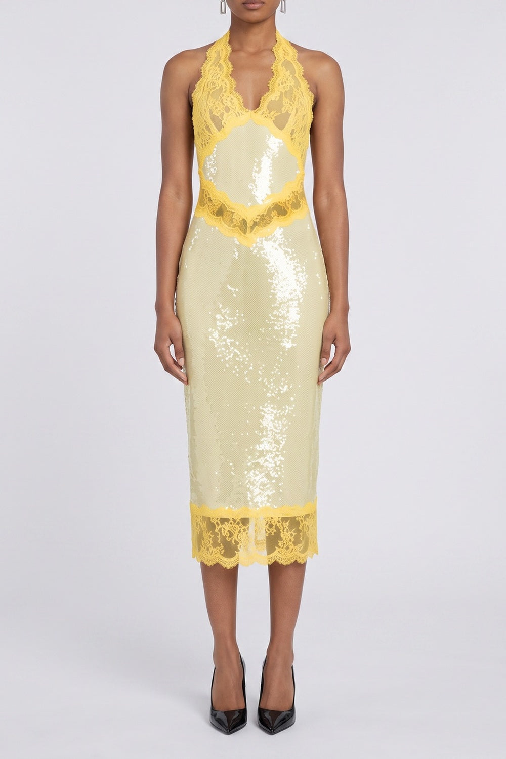 f108cb2f5bf6c43c HALTER LACE SEQUIN MIDI DRESS FOR WEDDING GUEST