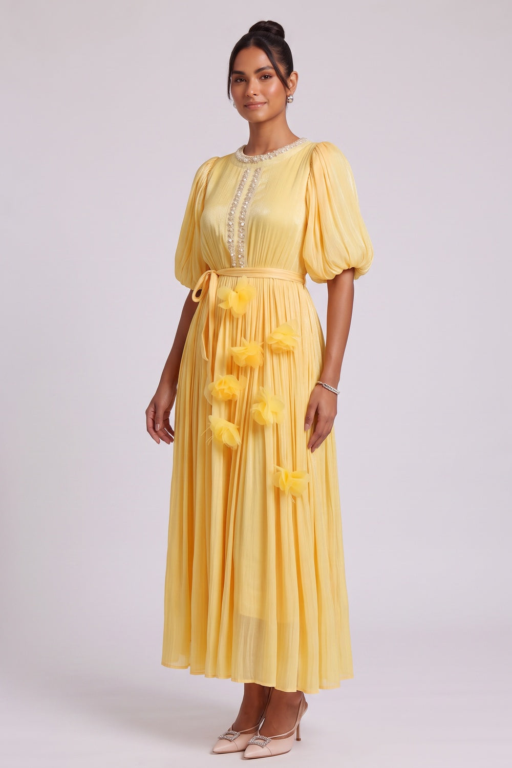 f11aeaa5892a895b YELLOW BEADED 3D FLORAL MIDI DRESS FOR WEDDING GUEST