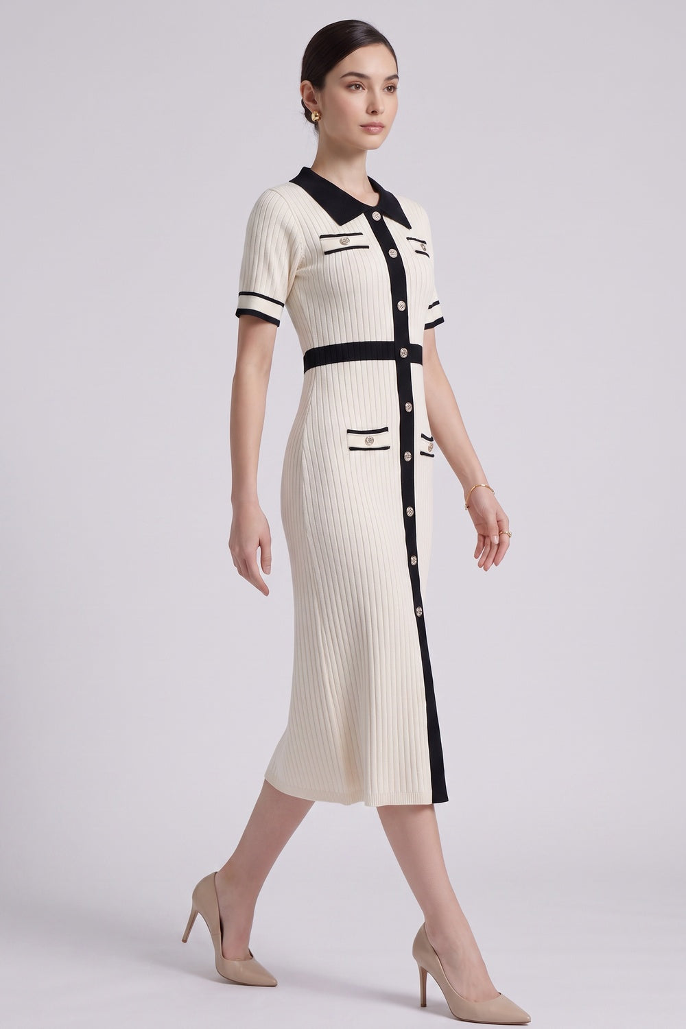 CREAM RIBBED MIDI DRESS BLACK TRIM COCKTAIL