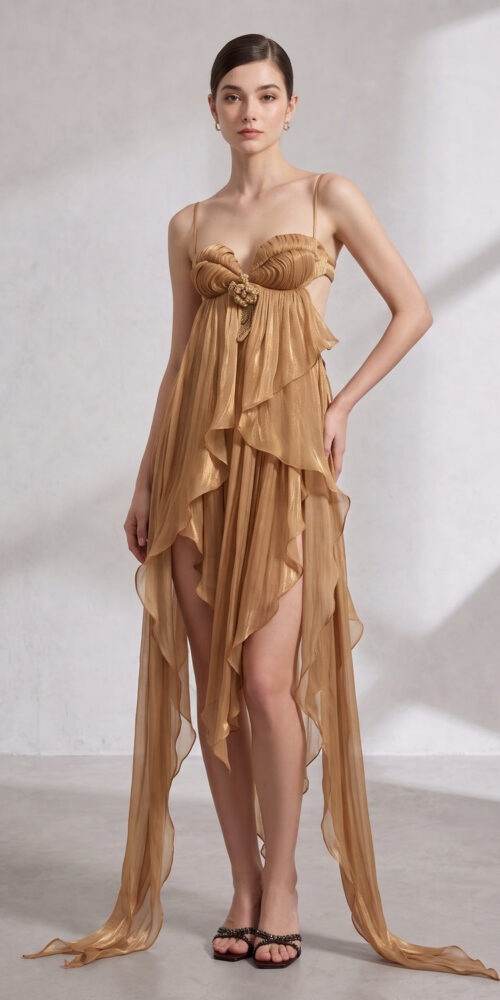 f130d1f2a7c97688 GOLD SHEER CHIFFON ASYMMETRICAL HIGH-LOW DRESS, OPEN BACK