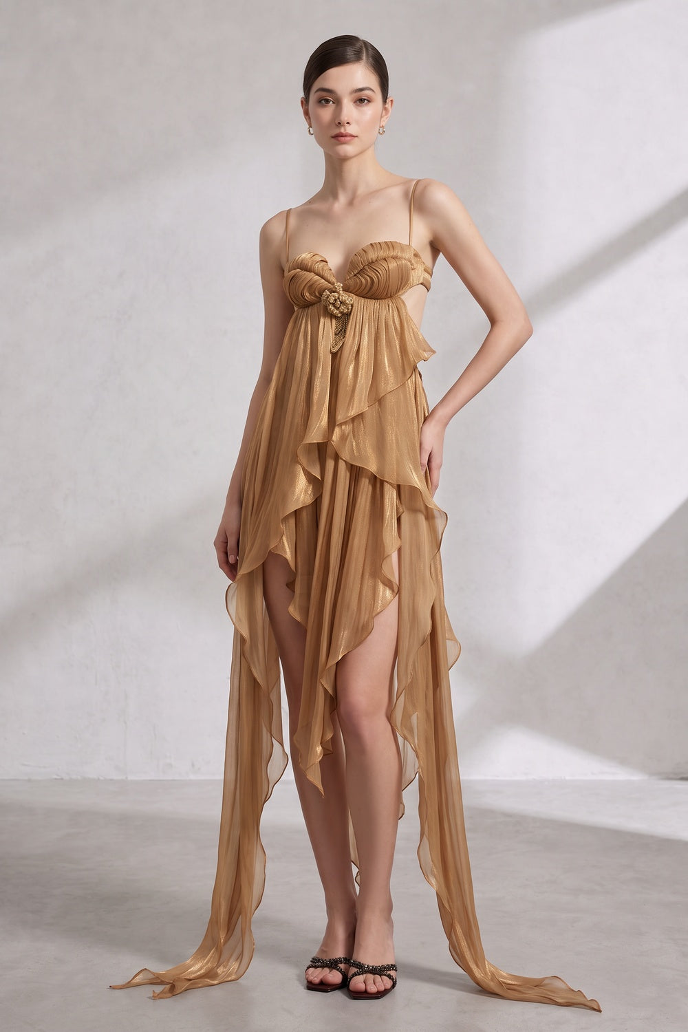 f130d1f2a7c97688 GOLD SHEER CHIFFON ASYMMETRICAL HIGH-LOW DRESS, OPEN BACK