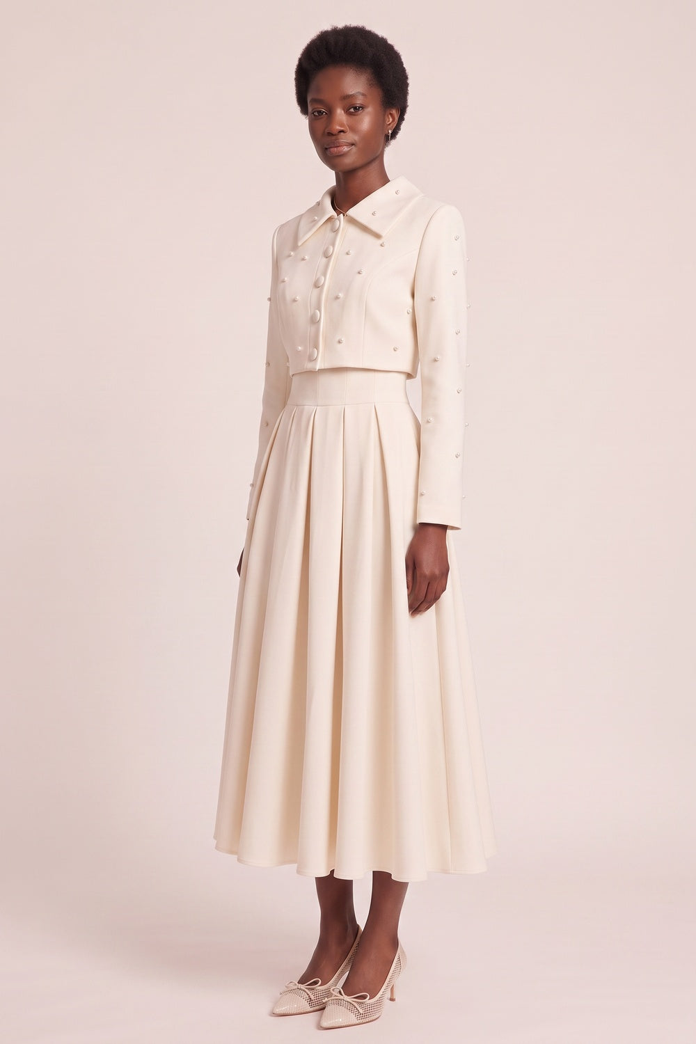 f1bd8c91ed1d7a78 PEARL COLLAR CROP BLAZER & PLEATED MIDI SKIRT SET