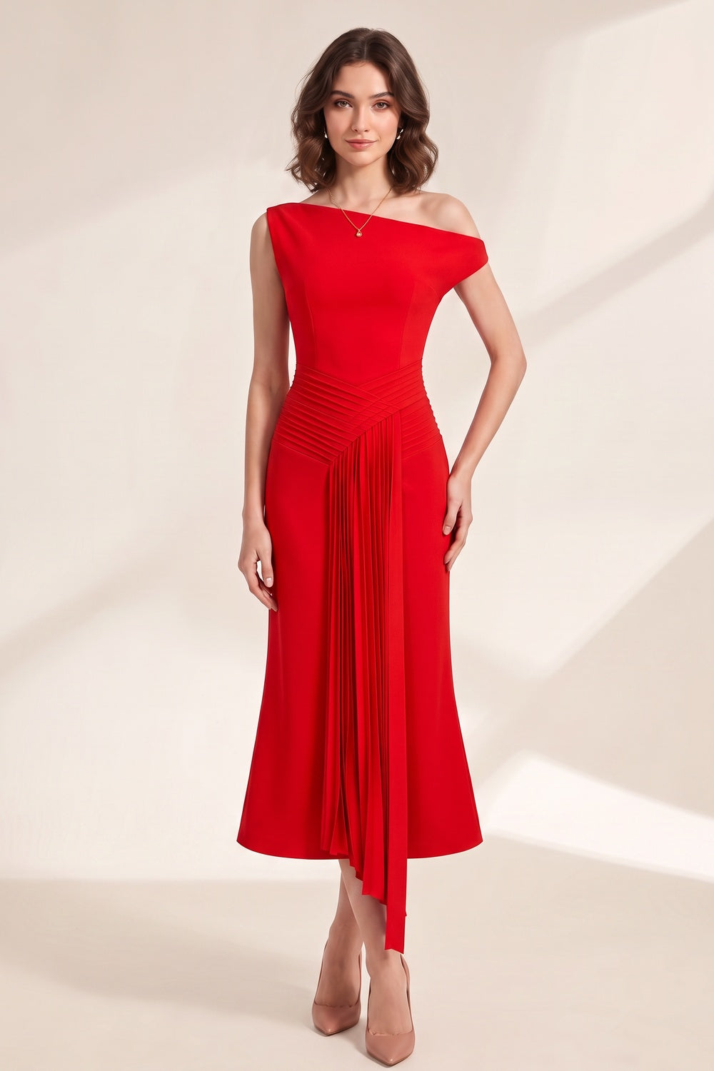 f1cc906f62a5ade3 RED CREPE FIT-FLARE DRESS - WEDDING GUEST