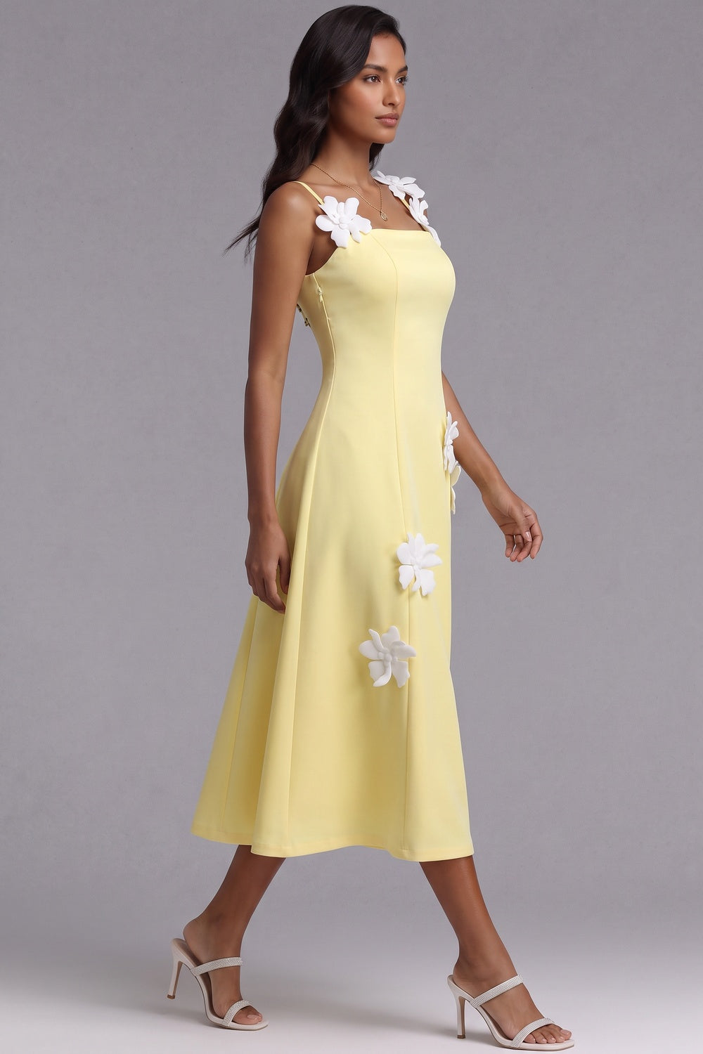 f21ab4ac337d7774 PASTEL YELLOW CREPE A-LINE MIDI DRESS WITH 3D FLORALS
