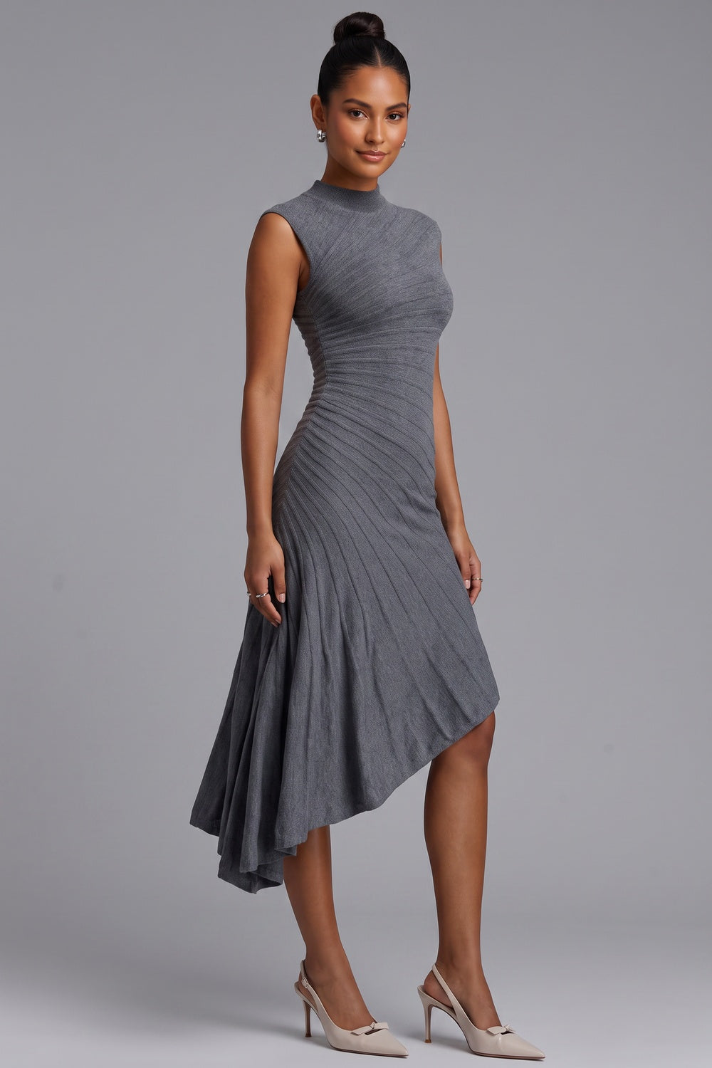f2432ad593ee81fe GREY ASYMMETRIC HEM MIDI DRESS FOR EVENING