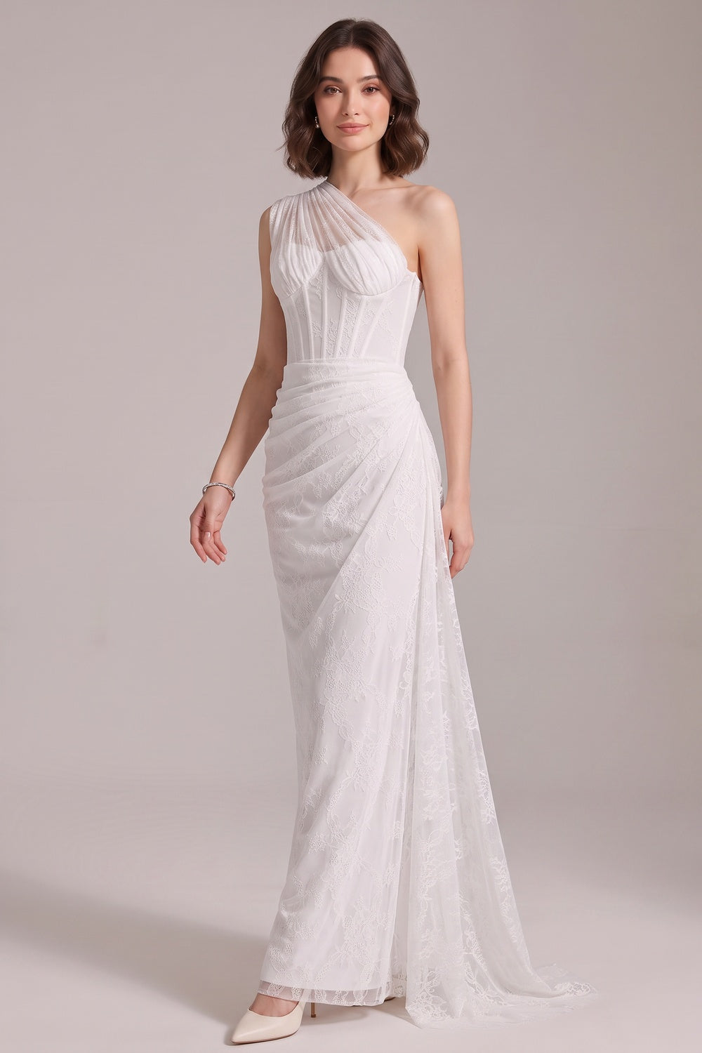 f27a48d83772bea2 WHITE LACE ONE-SHOULDER COLUMN GOWN