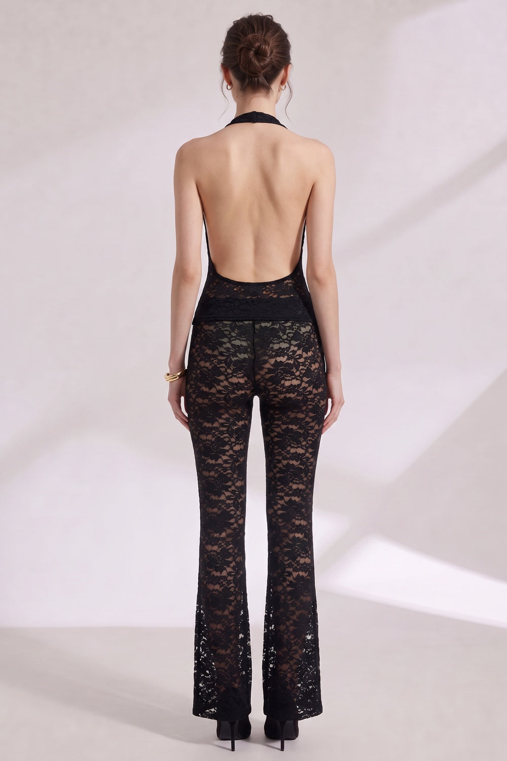 f3181de3d563e6b4 BLACK LACE HALTER JUMPSUIT COWL NECK