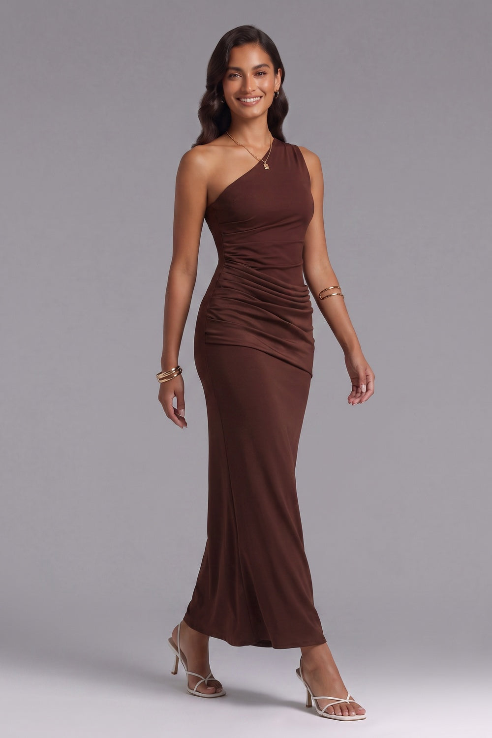 f36562ce5a0fbd84 ONE-SHOULDER CHOCOLATE MAXI DRESS, STRETCH JERSEY
