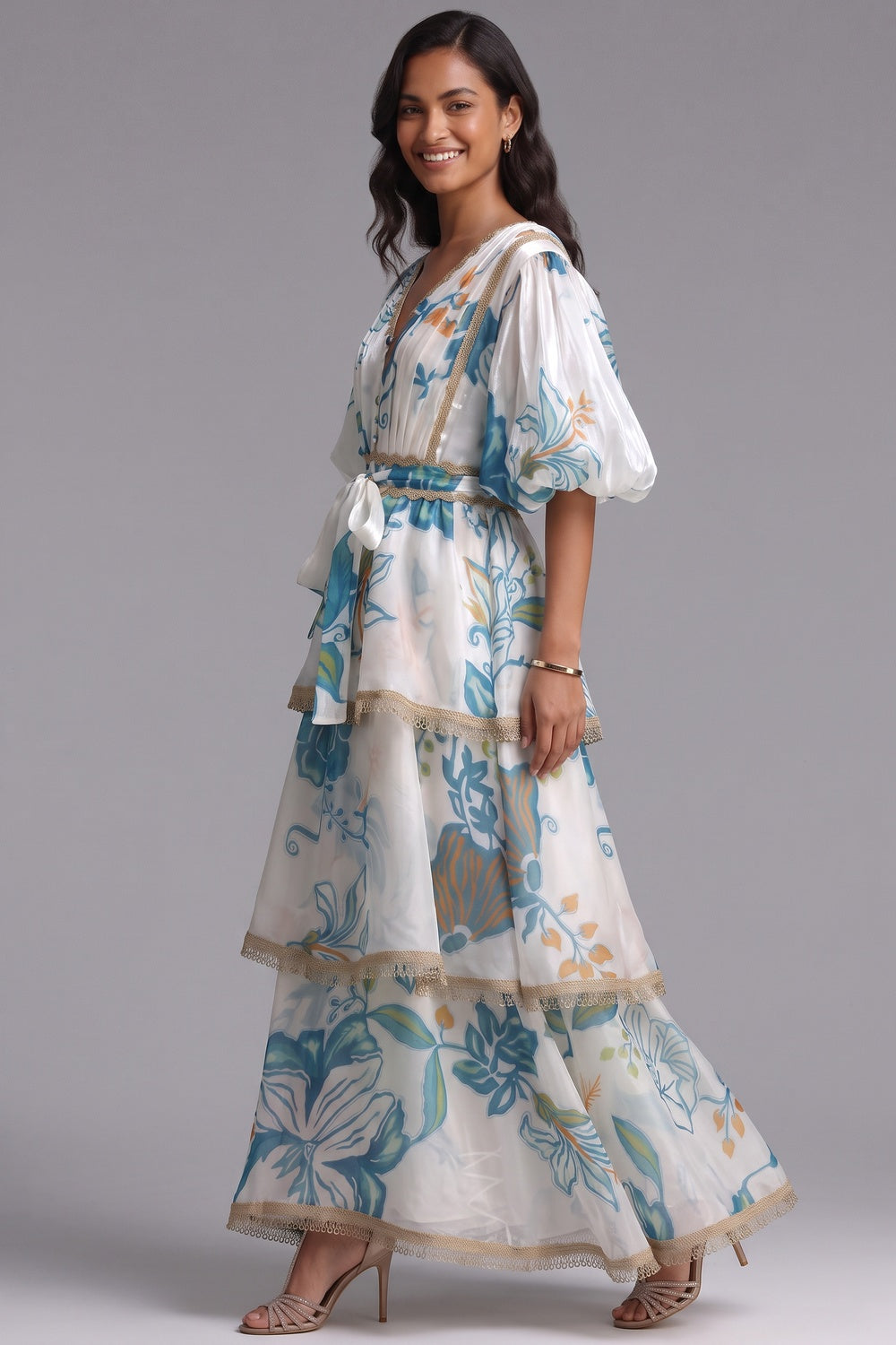 f3798b82073a5aa3 WHITE SEMI-SHEER ORGANZA A-LINE TIERED MAXI DRESS