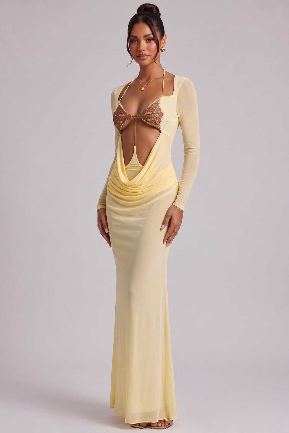 f37fff4c7d73bc75 PALE YELLOW CUTOUT MAXI DRESS LONG SLEEVE