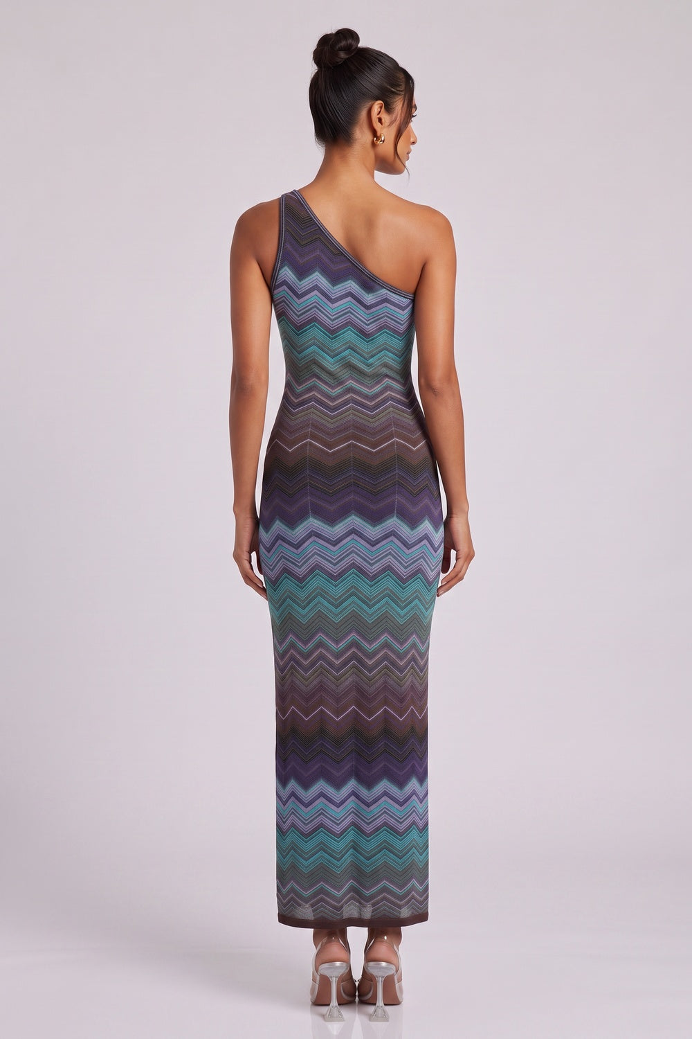 f384574d57c08805 ONE-SHOULDER CHEVRON MAXI DRESS TEAL PURPLE BROWN