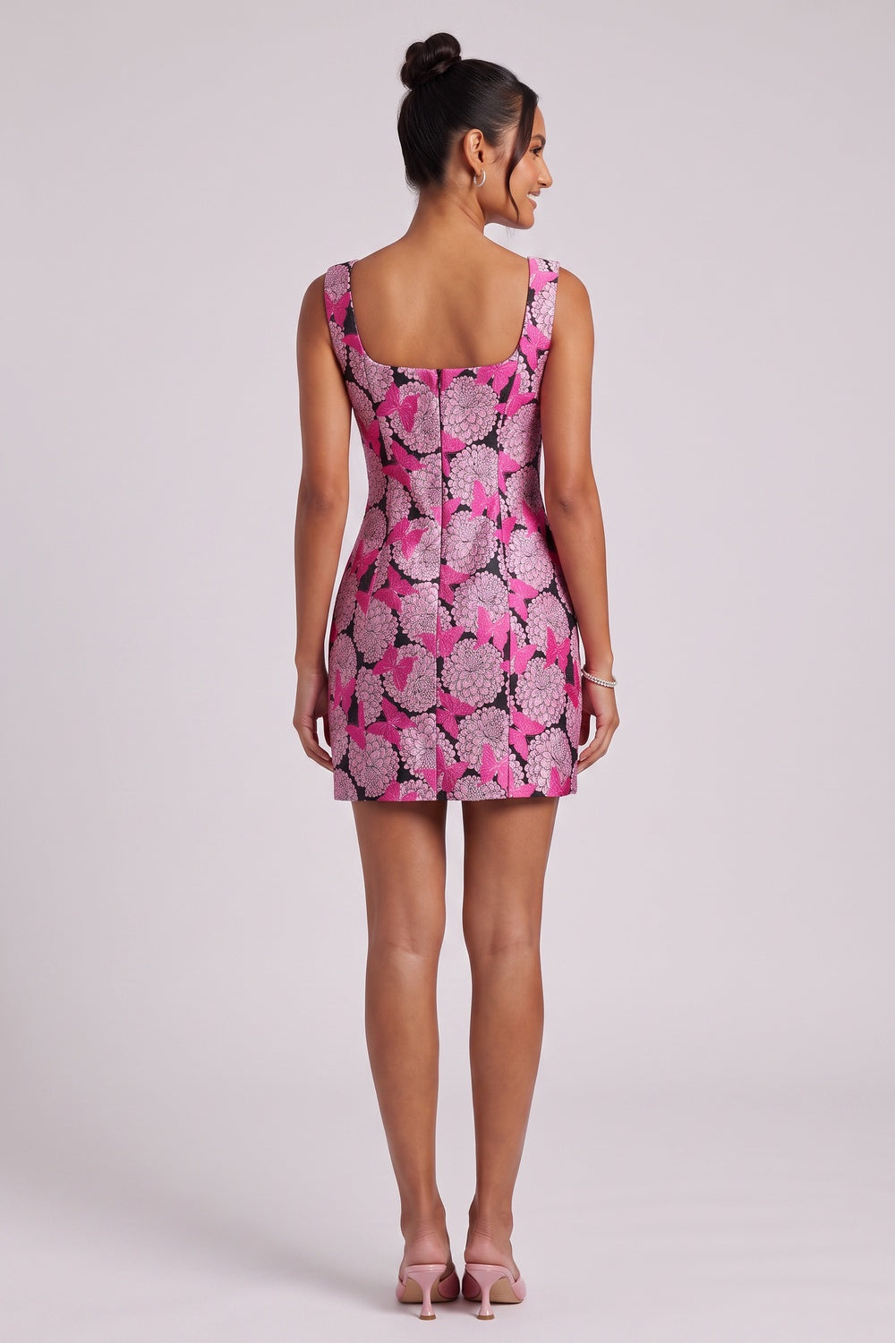 f3a41c248bc069fe SQUARE NECK FLORAL BUTTERFLY SLEEVELESS MINI DRESS