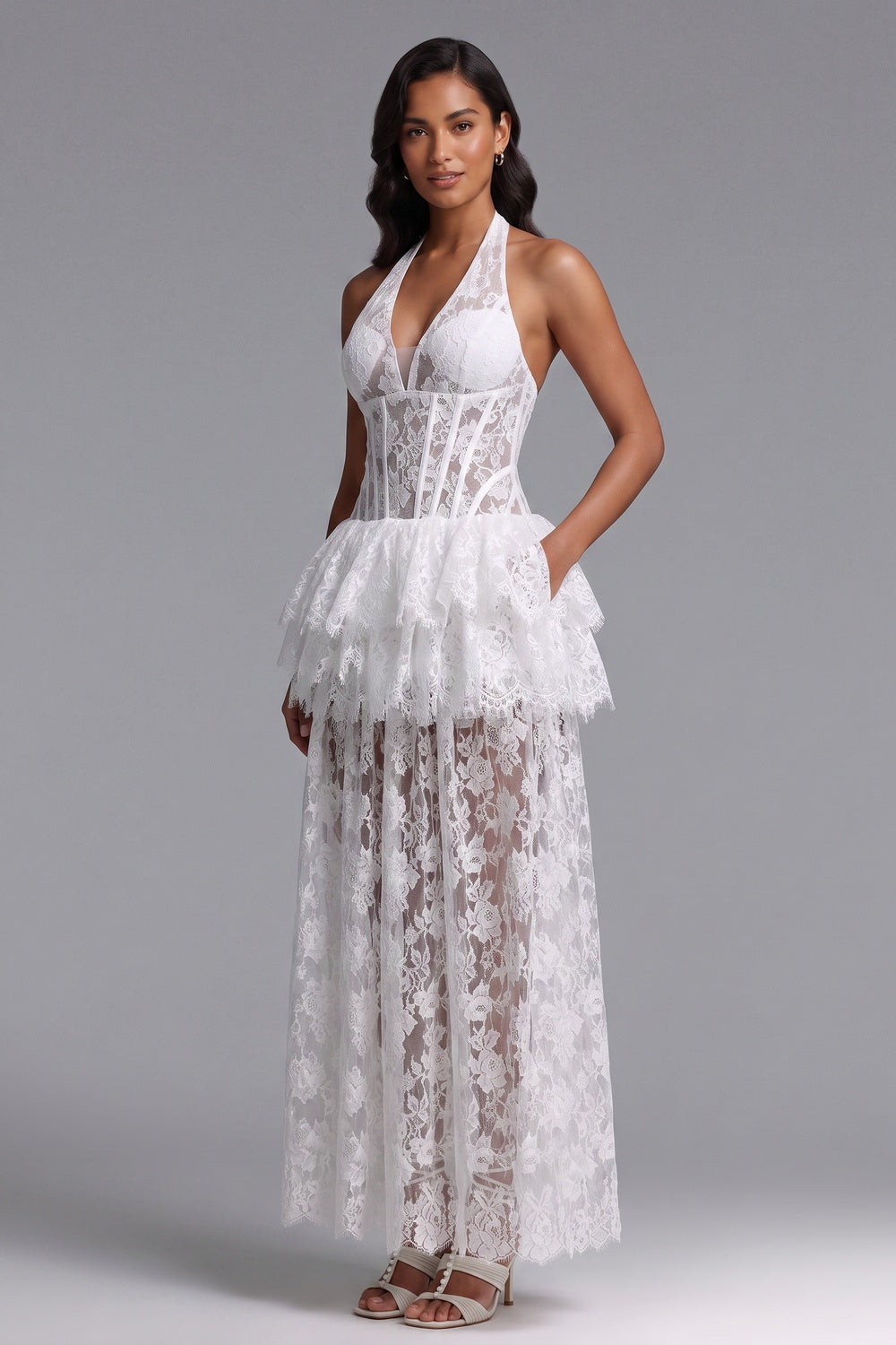 WHITE LACE CORSET PEPLUM DRESS TIERED SKIRT WEDDING GUEST