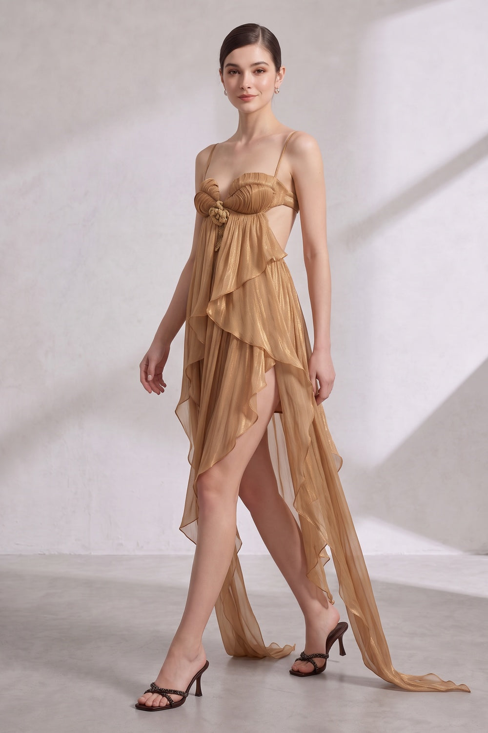 f3c08c6ab4fcc8a8 GOLD SHEER CHIFFON ASYMMETRICAL HIGH-LOW DRESS, OPEN BACK