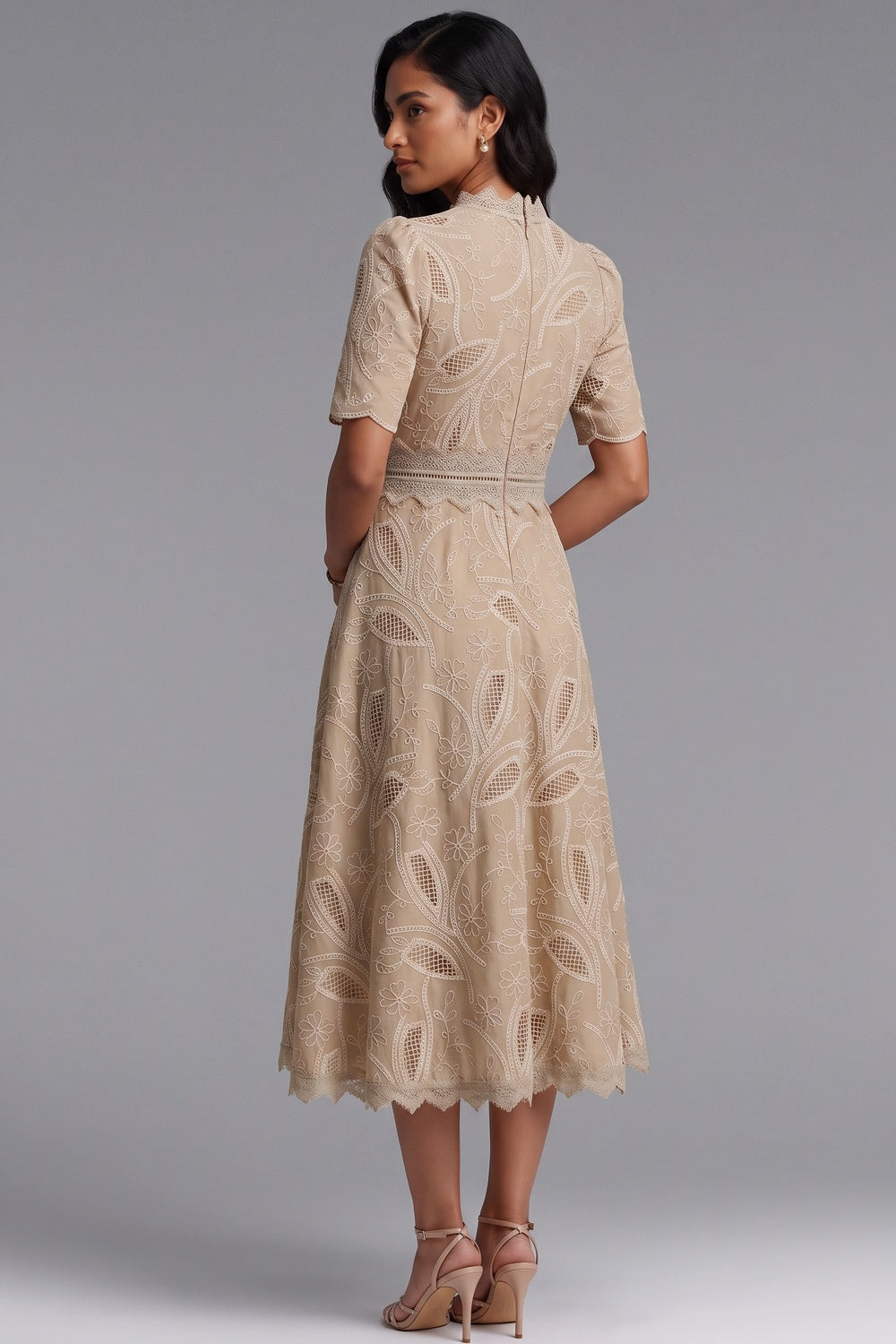 f3c24e86b9ca99e8 BEIGE EMBROIDERED ORGANZA A-LINE MIDI DRESS