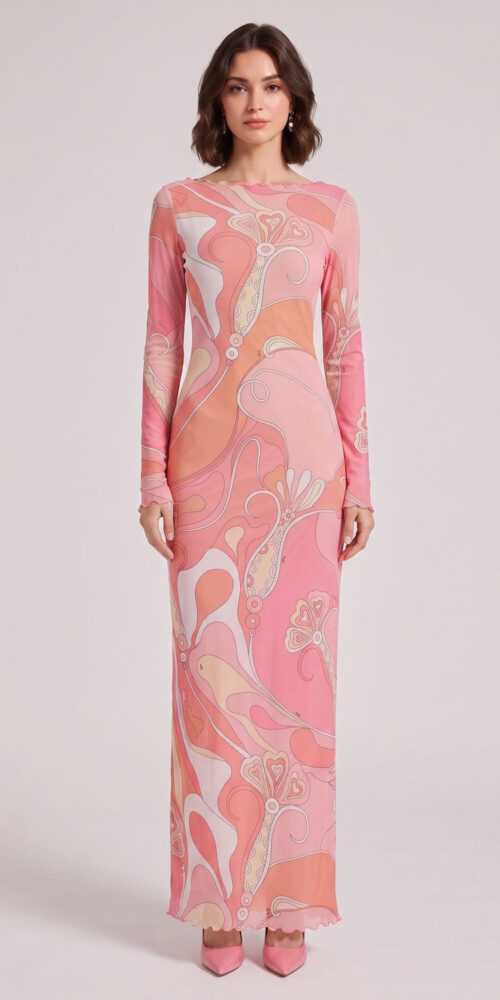 f3e6be0d808bb30e PINK ABSTRACT RUFFLE TRIM LONG SLEEVE MAXI DRESS
