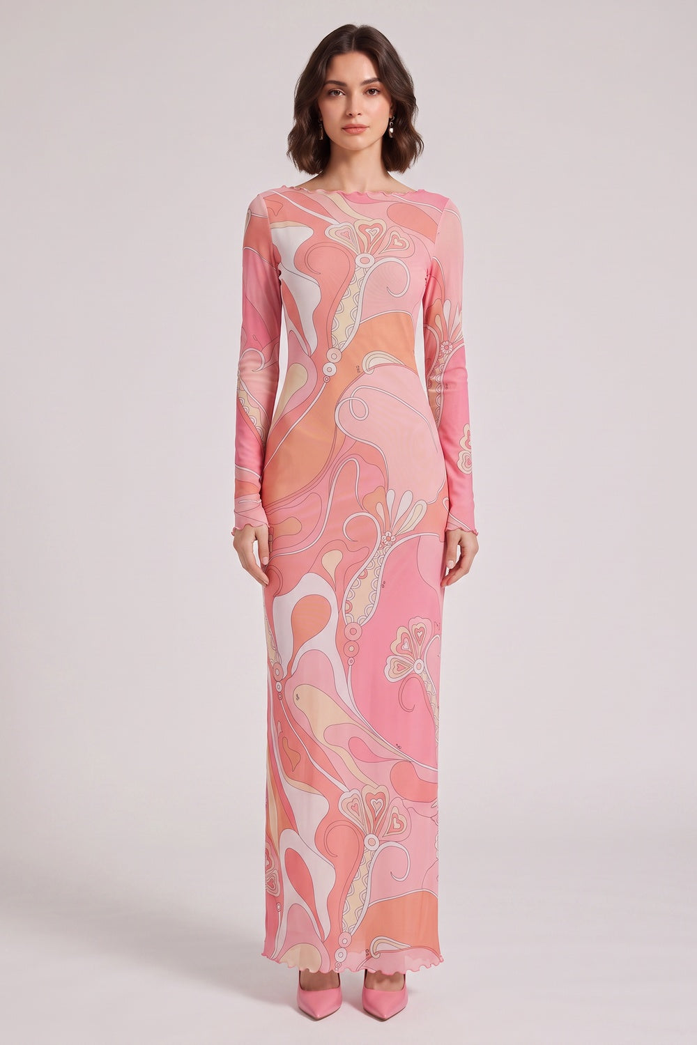 f3e6be0d808bb30e PINK ABSTRACT RUFFLE TRIM LONG SLEEVE MAXI DRESS