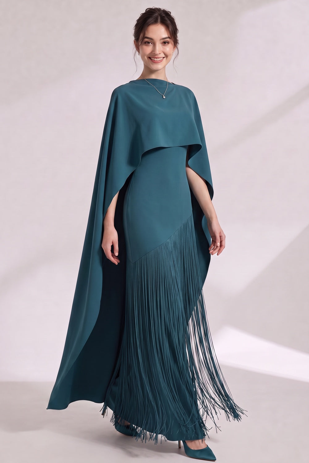 f3e70bf9a293e542 TEAL MATTE CREPE COLUMN GOWN ASYMMETRICAL CAPE EVENING