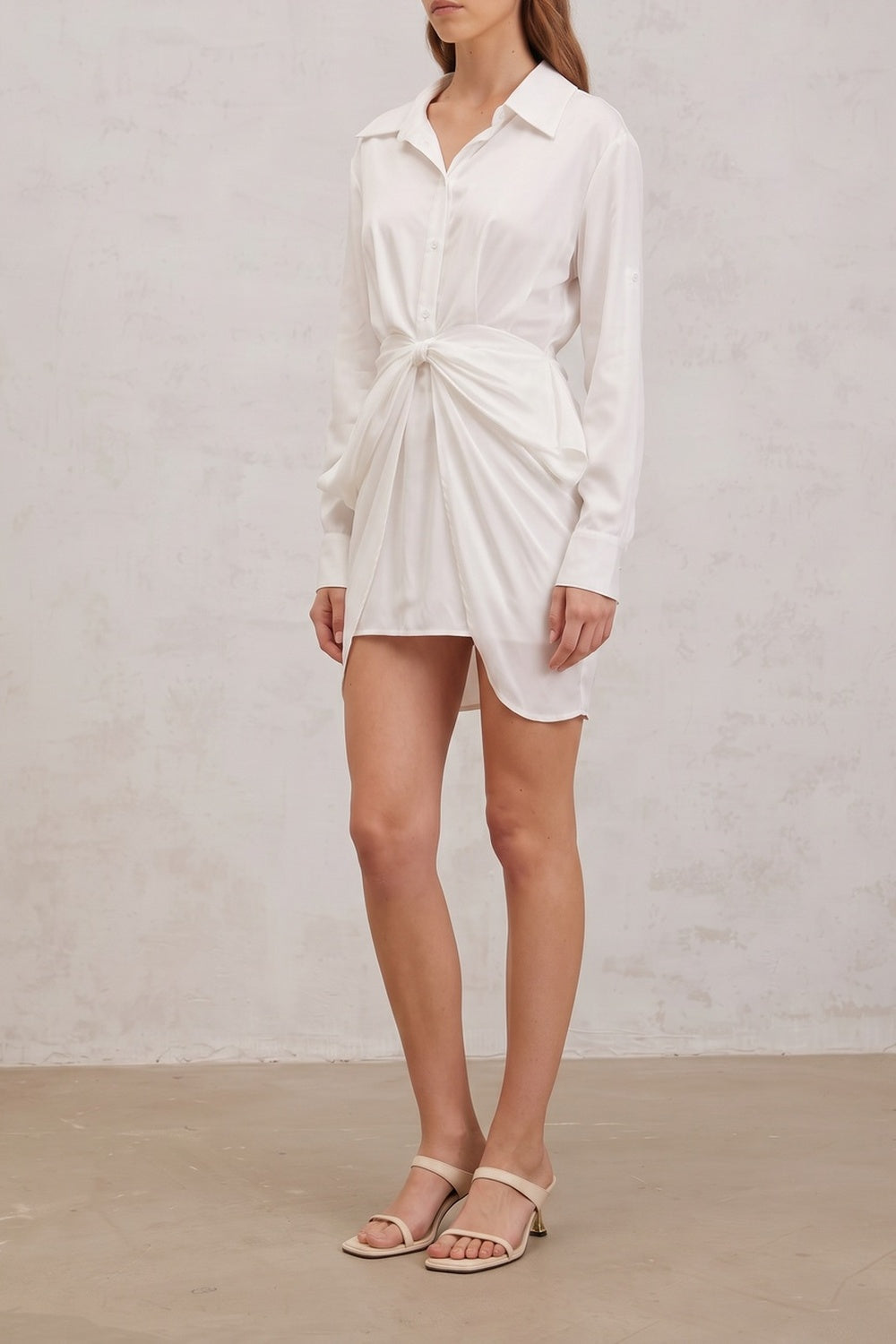 f3f7b1ee57c8ba47 COLLARED WRAP TWIST MINI DRESS, LONG SLEEVE