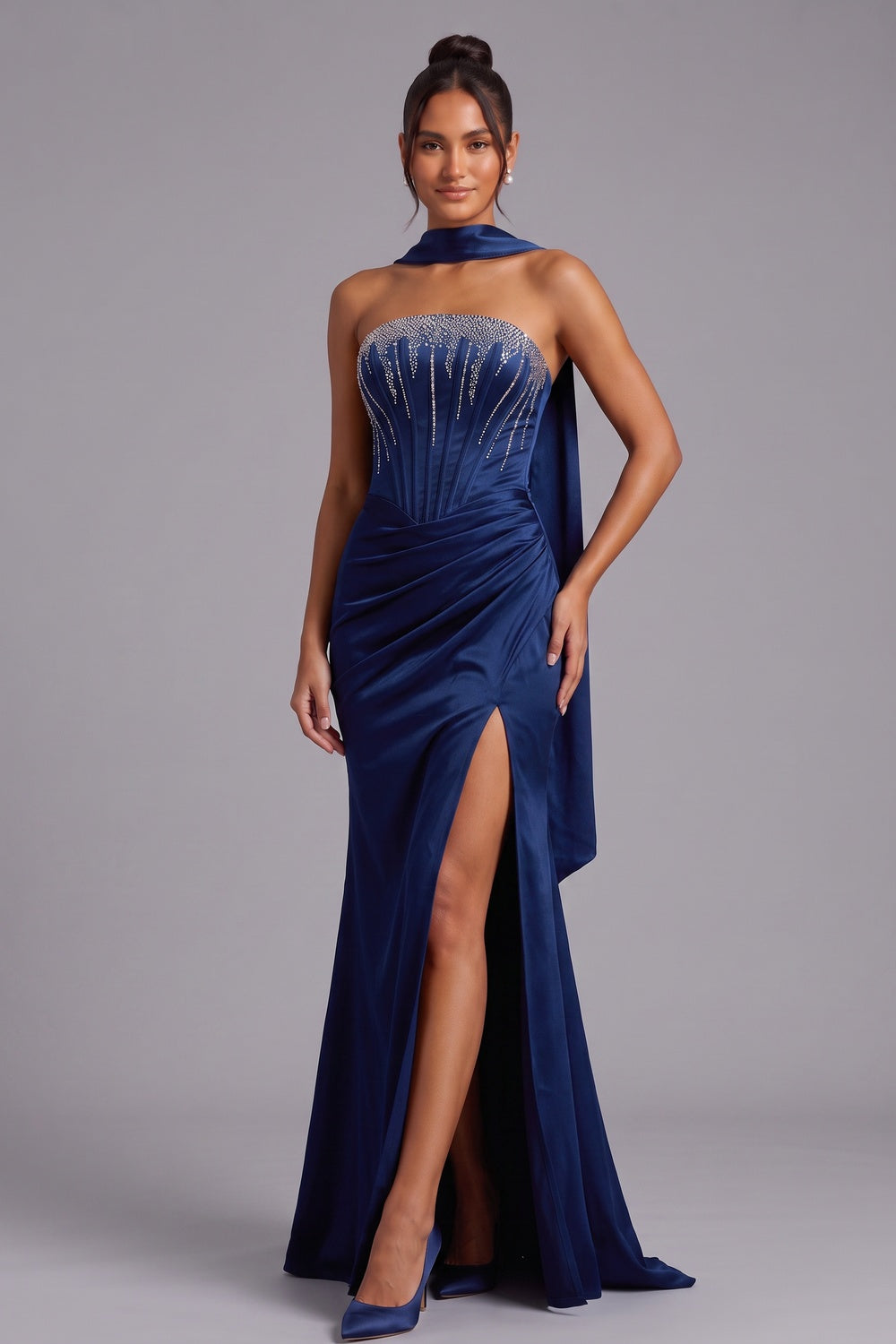 f40518cf963035d2 DEEP BLUE STRAPLESS RHINESTONE CAPE EVENING GOWN
