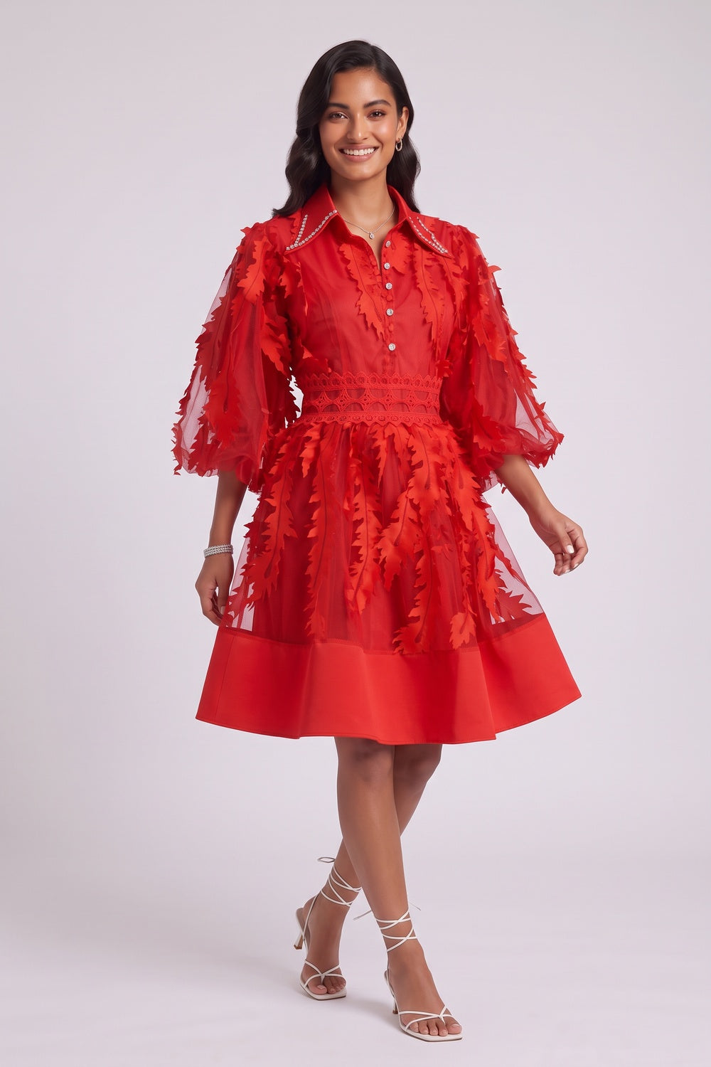 f42cff3055ccbe80 RED SHEER ORGANZA 3D FLORAL FIT-FLARE COCKTAIL DRESS