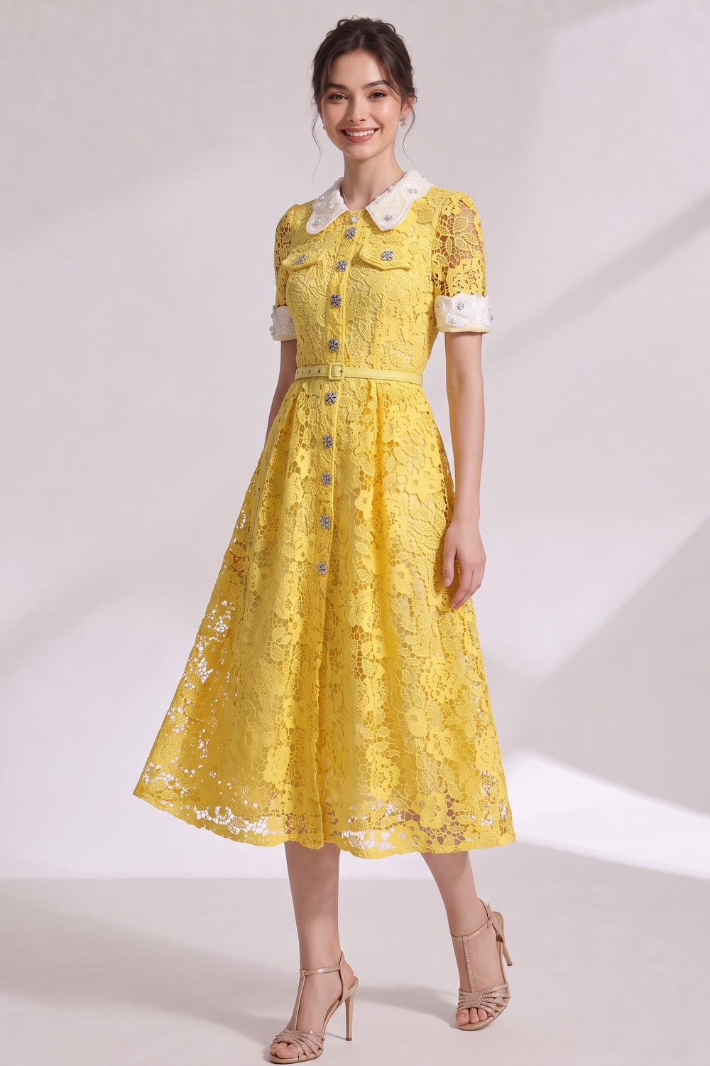 f4f3f5e844fe5371 YELLOW LACE A-LINE MIDI DRESS FOR WEDDING GUEST