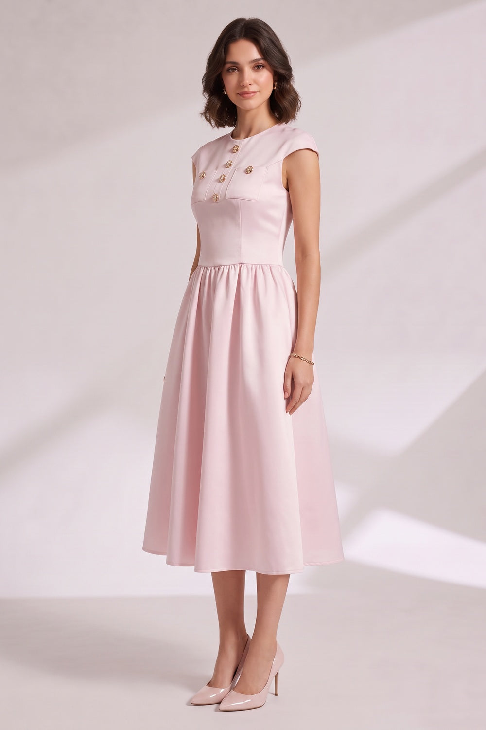 f50548b9f9b49317 PINK CAP SLEEVE MIDI DRESS WITH BACK ZIP