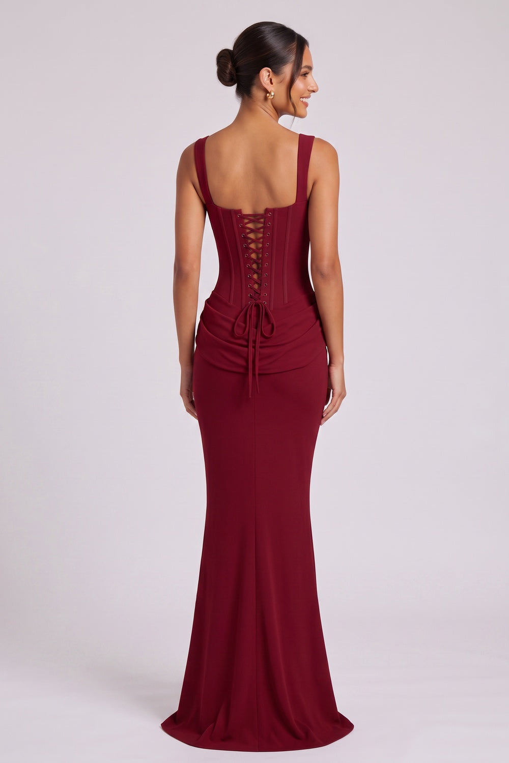 f55b45304f79d6fe BURGUNDY CREPE MERMAID EVENING GOWN