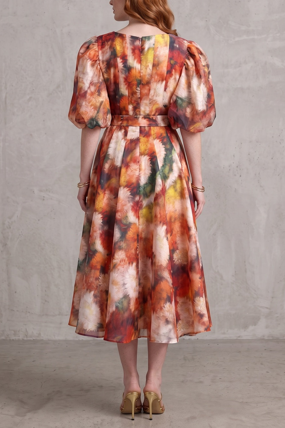 f5c205697da8ede0 V-NECK PUFF SLEEVE FLORAL BELTED MIDI DRESS