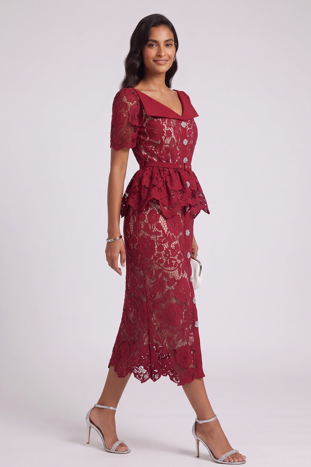 DARK RED PEPLUM LACE SHEATH DRESS, FORMAL