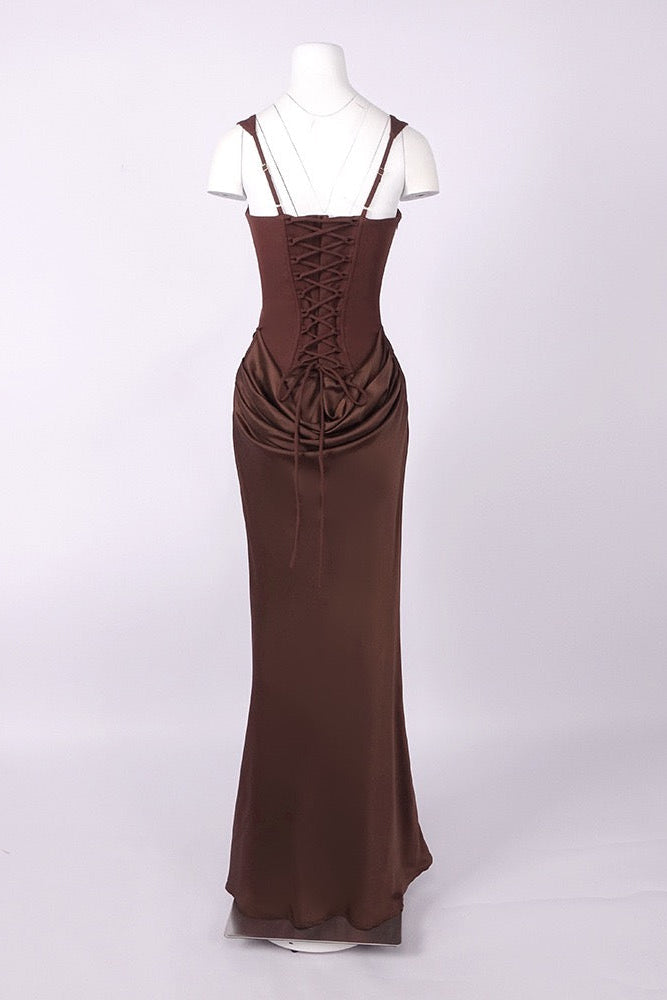 f61218be2db52cbbc0afe3fca49da630 DARK BROWN SATIN COLUMN GOWN DRAPED HIP EVENING WEAR