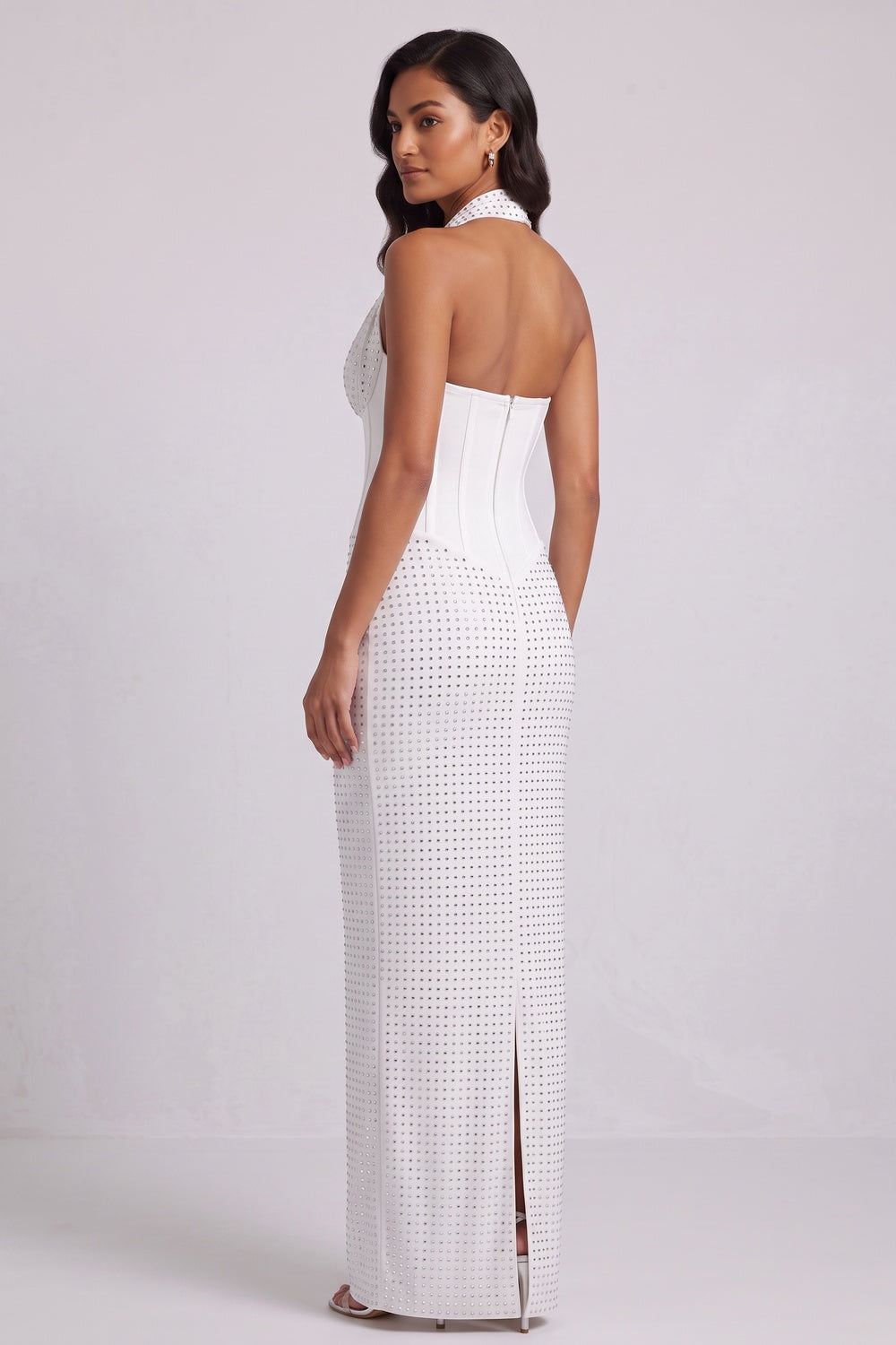 f64961d98807d1dd WHITE STRUCTURED KNIT COLUMN GOWN