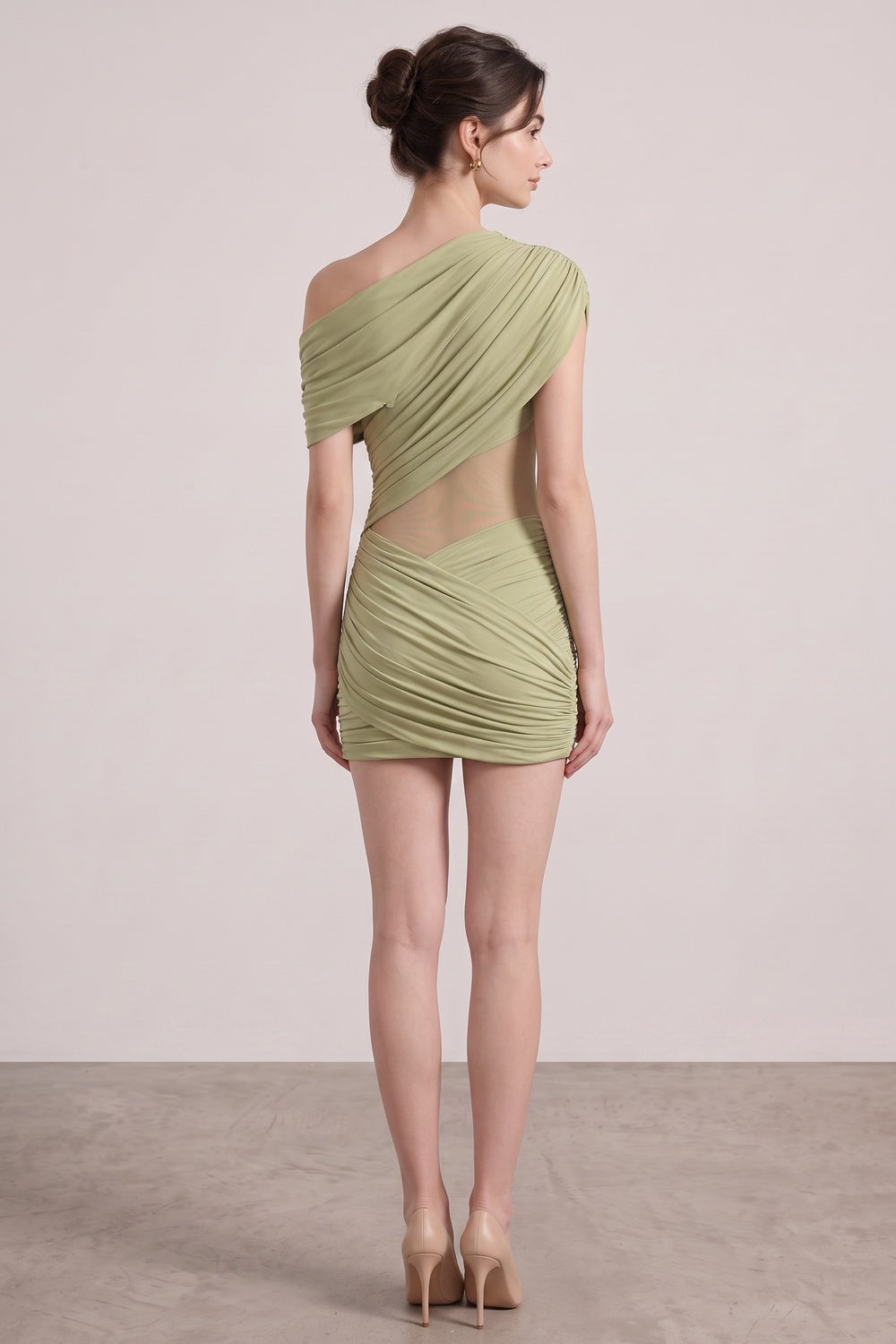 f71e8885f8c27a38 SAGE GREEN ASYMMETRIC DRAPED COCKTAIL MINI DRESS