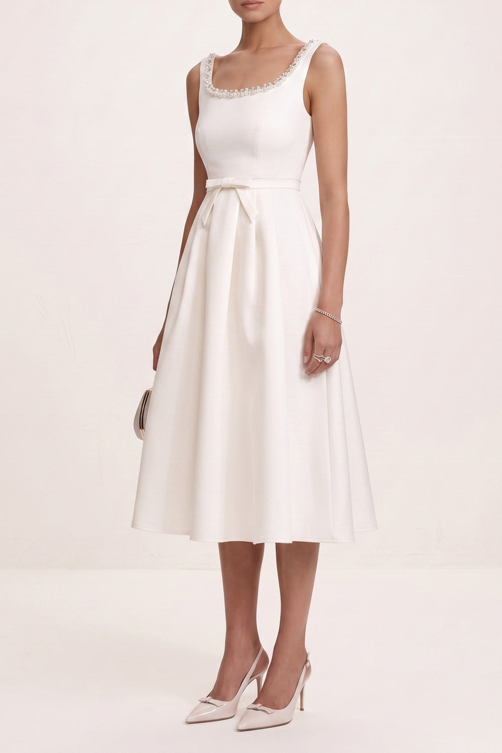 f7741f8f09ab36ef CRYSTAL SQUARE NECK BOW WAIST A-LINE MIDI DRESS