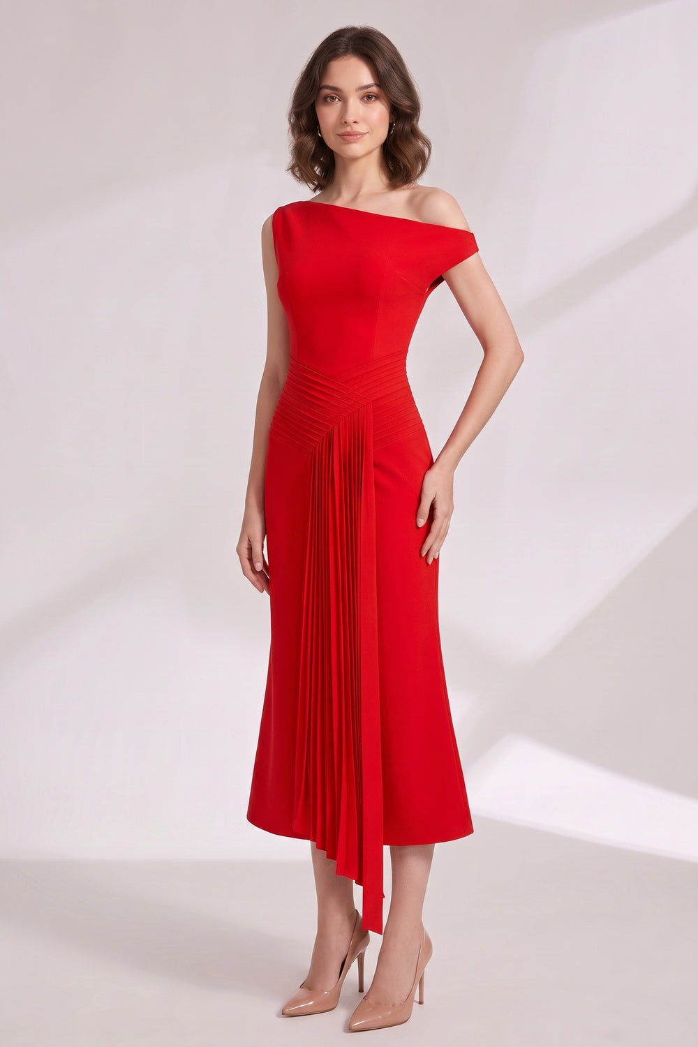 f7976ec73e0038f1 RED CREPE FIT-FLARE DRESS - WEDDING GUEST