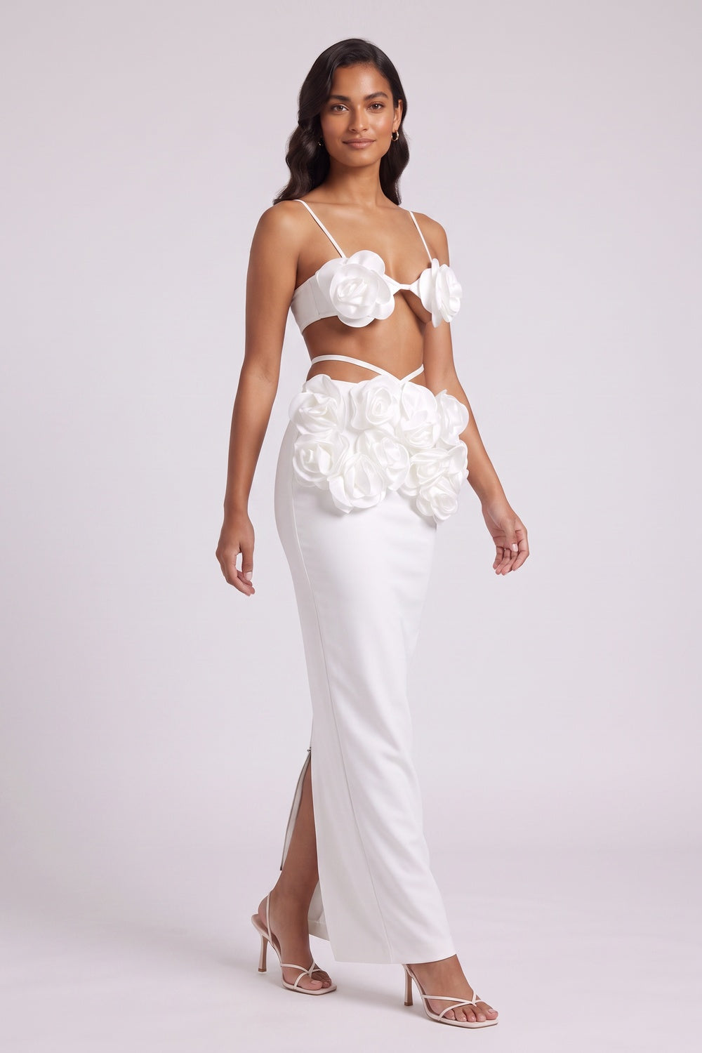 f7af14d5d441d755 WHITE FITTED COLUMN TWO-PIECE SET | CREPE SATIN BRALETTE MAXI SKIRT