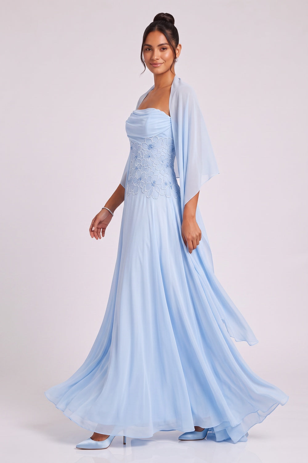 LIGHT BLUE CHIFFON A-LINE EVENING GOWN